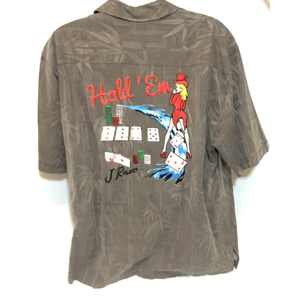 F. Rowe ( HOLD ' EM ) Button Down T Shirt 100% Silk Color Gray Size Large - Picture 2 of 10
